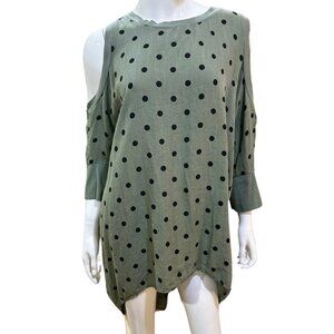 Linen, Keyhole Drop Shoulder Polka Dot Tunic with a laced back, Hi/Low, Khaki Gr